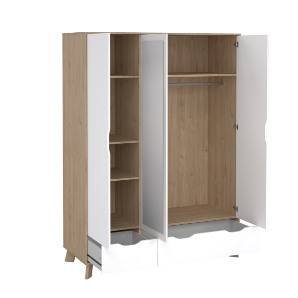 Estate garderobeskab i hvid egelook 147 x 201 cm med 3 lger og spejl