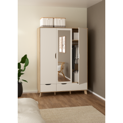 Estate garderobeskab i hvid egelook 147 x 201 cm med 3 lger og spejl