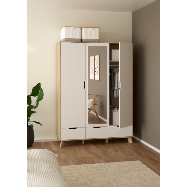 Estate garderobeskab i hvid egelook 147 x 201 cm med 3 lger og spejl