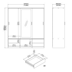  Inline garderobeskab 181cm bredt, med spejl og 4 skuffer, skab i ege look