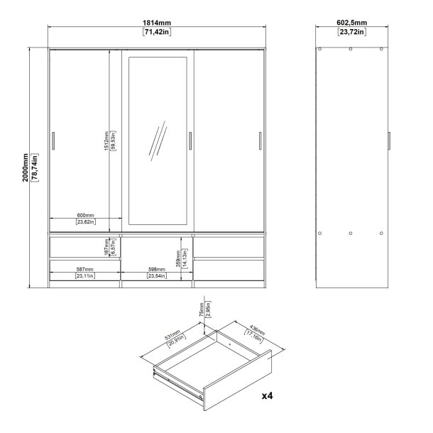  Inline garderobeskab 181cm bredt, med spejl og 4 skuffer, skab i ege look