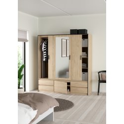  Inline garderobeskab 181cm bredt, med spejl og 4 skuffer, skab i ege look