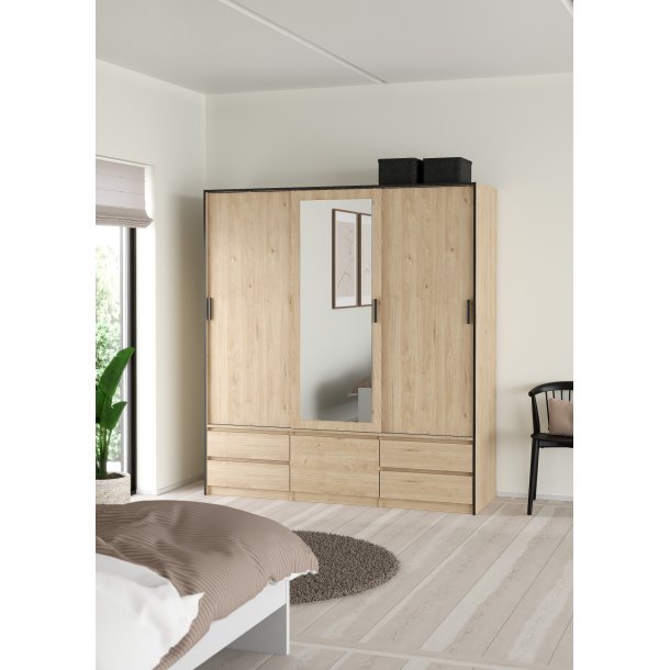  Inline garderobeskab 181cm bredt, med spejl og 4 skuffer, skab i ege look