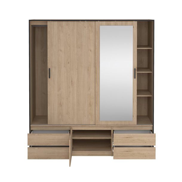  Inline garderobeskab 181cm bredt, med spejl og 4 skuffer, skab i ege look