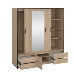  Inline garderobeskab 181cm bredt, med spejl og 4 skuffer, skab i ege look