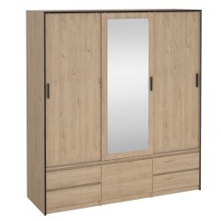  Inline garderobeskab 181cm bredt, med spejl og 4 skuffer, skab i ege look