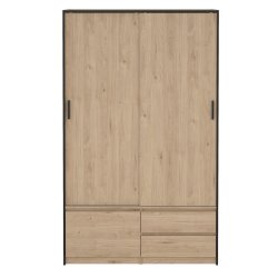 Inline garderobeskab 121 cm bredt, 2 skuffer og et skab i  egelook. 