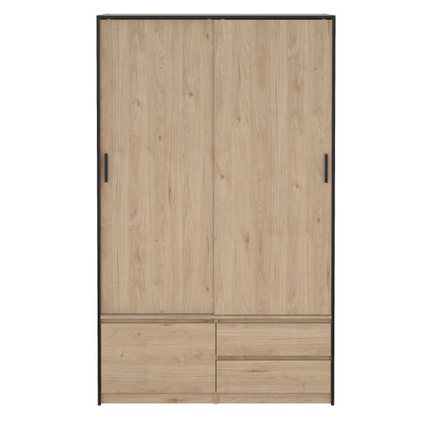 Inline garderobeskab 121 cm bredt, 2 skuffer og et skab i  egelook. 