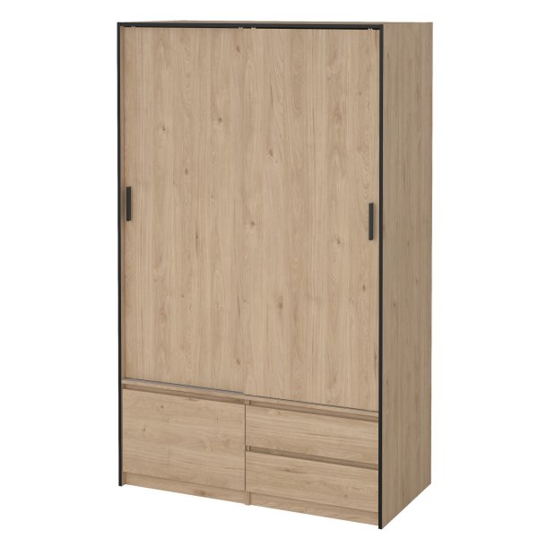 Inline garderobeskab 121 cm bredt, 2 skuffer og et skab i  egelook. 