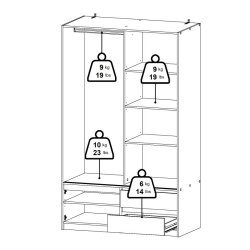 Inline garderobeskab 121 cm bredt, 2 skuffer og et skab i  egelook. 