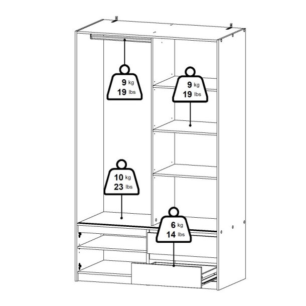 Inline garderobeskab 121 cm bredt, 2 skuffer og et skab i  egelook. 