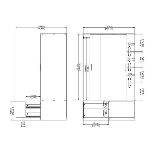 Inline garderobeskab 121 cm bredt, 2 skuffer og et skab i  egelook. 