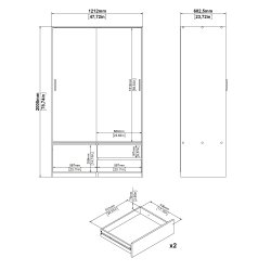 Inline garderobeskab 121 cm bredt, 2 skuffer og et skab i  egelook. 