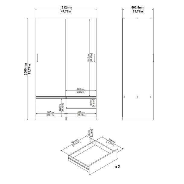 Inline garderobeskab 121 cm bredt, 2 skuffer og et skab i  egelook. 