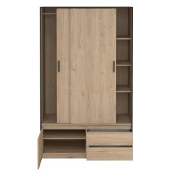 Inline garderobeskab 121 cm bredt, 2 skuffer og et skab i  egelook. 