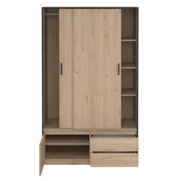 Inline garderobeskab 121 cm bredt, 2 skuffer og et skab i  egelook. 