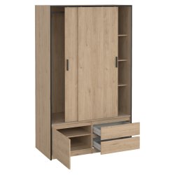 Inline garderobeskab 121 cm bredt, 2 skuffer og et skab i  egelook. 