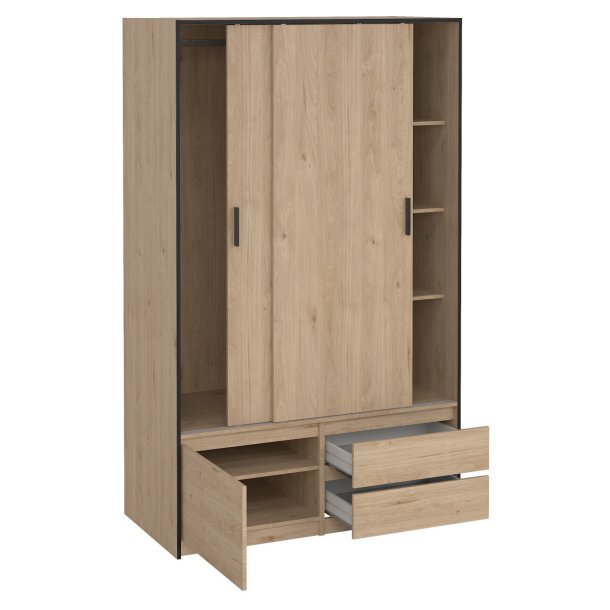 Inline garderobeskab 121 cm bredt, 2 skuffer og et skab i  egelook. 