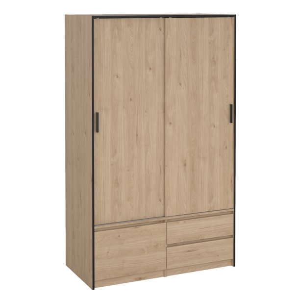 Inline garderobeskab 121 cm bredt, 2 skuffer og et skab i  egelook. 