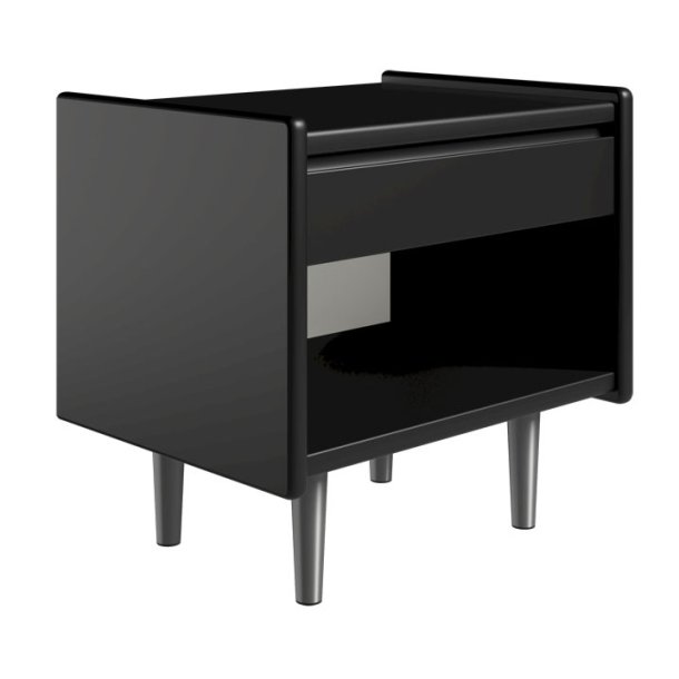 Krone 50 cm bredt sort lakeret sengebord med 1 skuffe og 1 rum  - Dansk produceret.