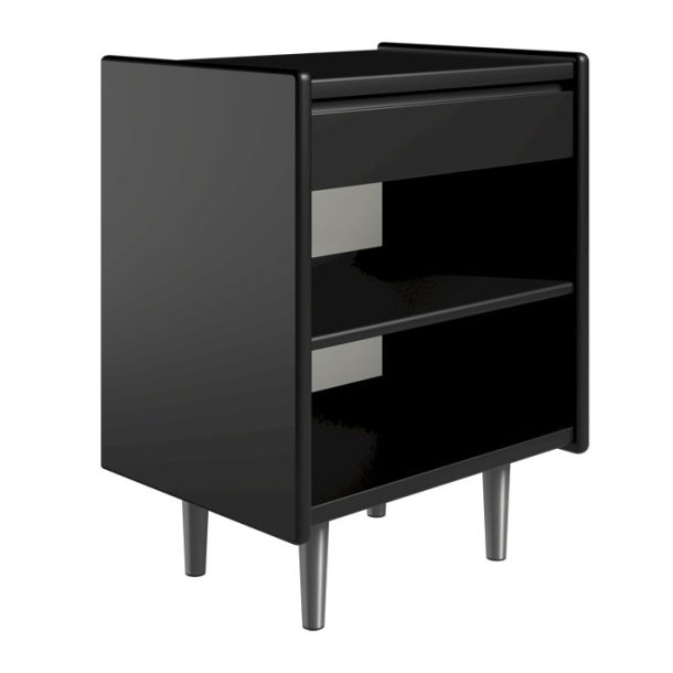 Krone sengebord 50 cm bred sort lakeret med 1 skuffe og 1 hylde  - Dansk produceret.