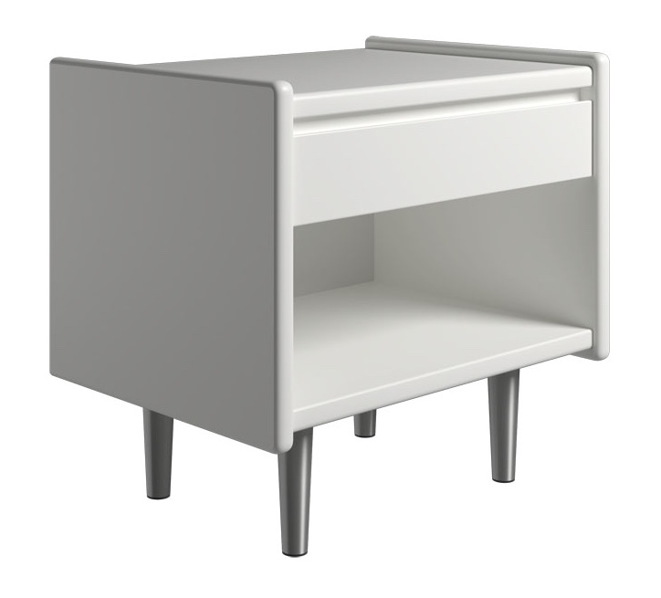 Krone 50 cm bredt hvid lakeret sengebord med 1 skuffe og 1 rum  - Dansk produceret. 37 cm dybde Metalben