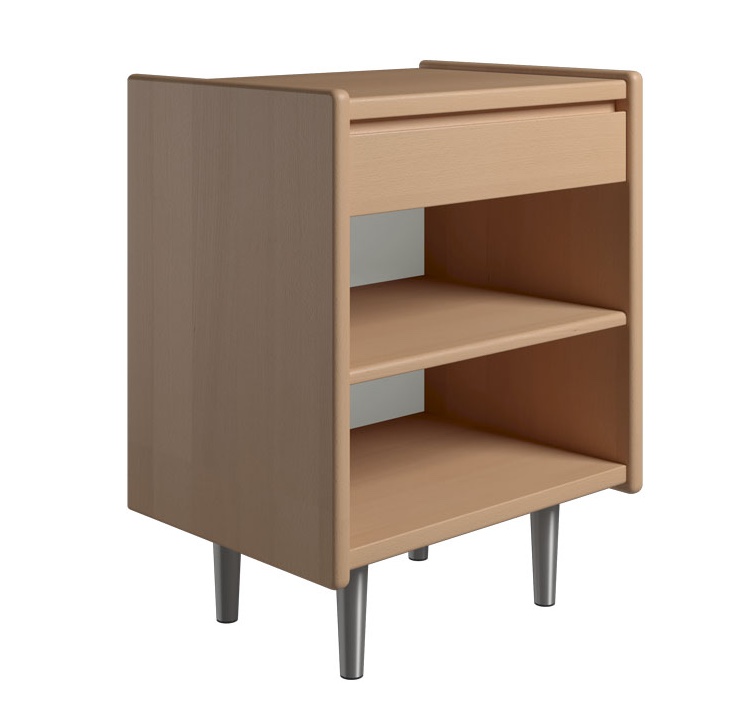 Krone sengebord 50 cm bred i bøgefiner med 1 skuffe og 1 hylde  - Dansk produceret. 47 cm dybde Metalben